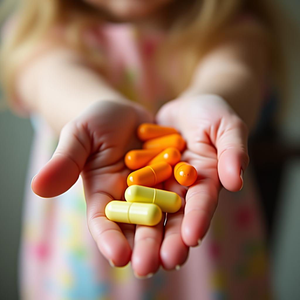  a girl's hand with vitamins.