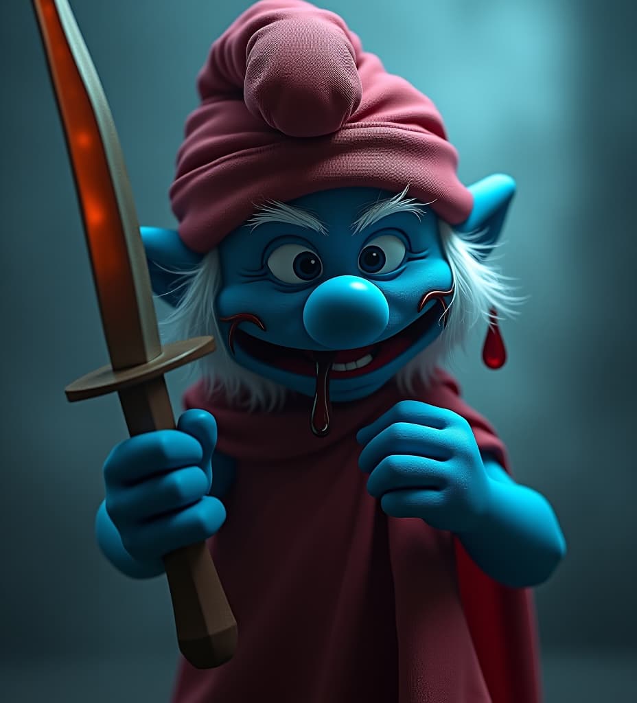  smurf psycho murderer channel icon hyperrealistic, full body, detailed clothing, highly detailed, cinematic lighting, stunningly beautiful, intricate, sharp focus, f/1. 8, 85mm, (centered image composition), (professionally color graded), ((bright soft diffused light)), volumetric fog, trending on instagram, trending on tumblr, HDR 4K, 8K