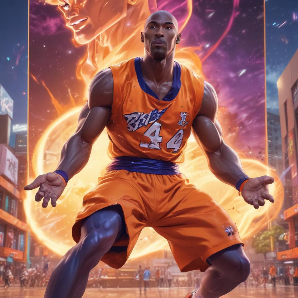 distance-shot, flashy, full-body, dynamic, holographic, animated cartoon poster of kobe scene in the style of dragon ball super