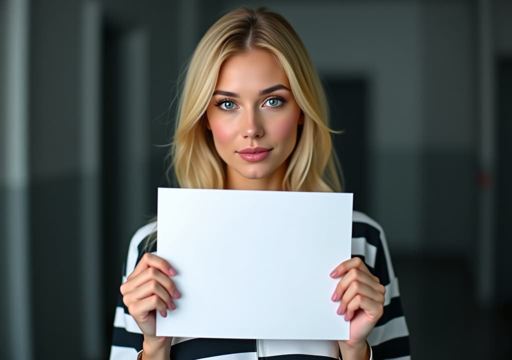  portrait of prisoner blonde woman looks in camera. holding white blank paper, professional costume at prison background