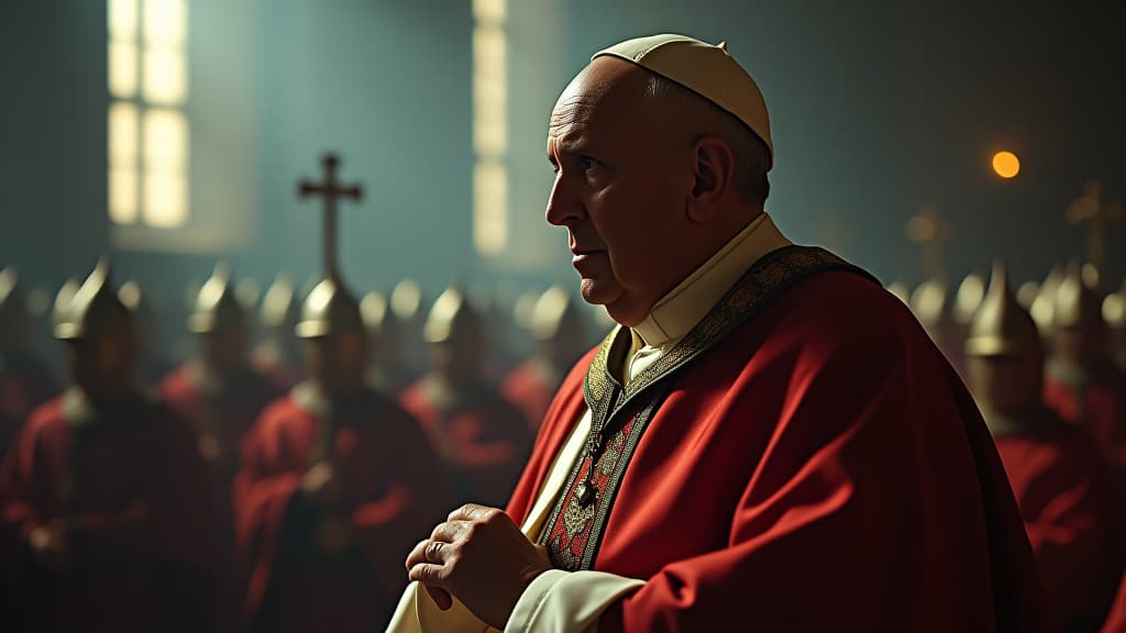  images about historical curiosities, an image of pope francis contemplating the historical appeals of the modern knights templar. hyperrealistic, full body, detailed clothing, highly detailed, cinematic lighting, stunningly beautiful, intricate, sharp focus, f/1. 8, 85mm, (centered image composition), (professionally color graded), ((bright soft diffused light)), volumetric fog, trending on instagram, trending on tumblr, HDR 4K, 8K