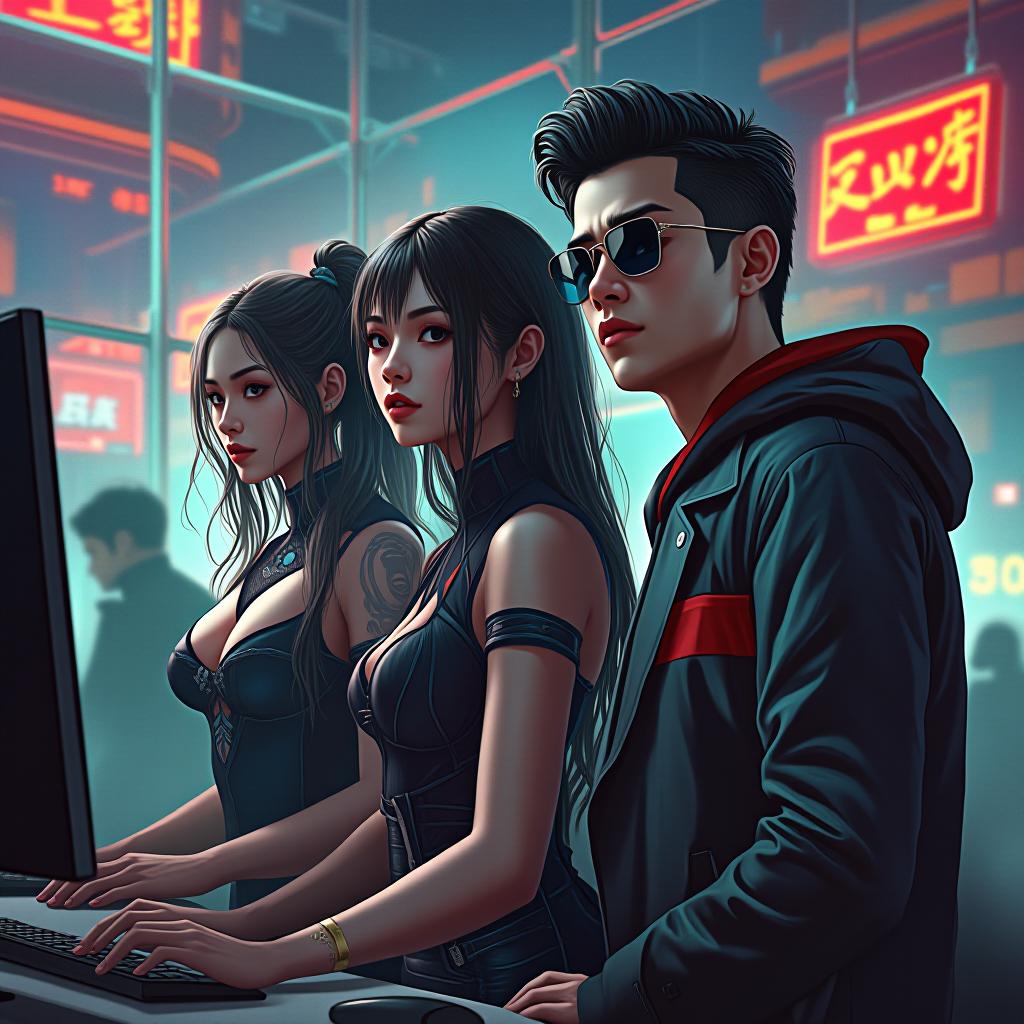  portrait, facing camera, three people (two cyberpunk woman and man), large busted and in form fitting attire, absorbing the energy of the cyber cafe. the style is digital art illustration / modern comic book / mysterious occult, symbolic, esoteric vibe,high detail on character design, incorporating cyberpunk asian attire. hyperrealistic, full body, detailed clothing, highly detailed, cinematic lighting, stunningly beautiful, intricate, sharp focus, f/1. 8, 85mm, (centered image composition), (professionally color graded), ((bright soft diffused light)), volumetric fog, trending on instagram, trending on tumblr, HDR 4K, 8K