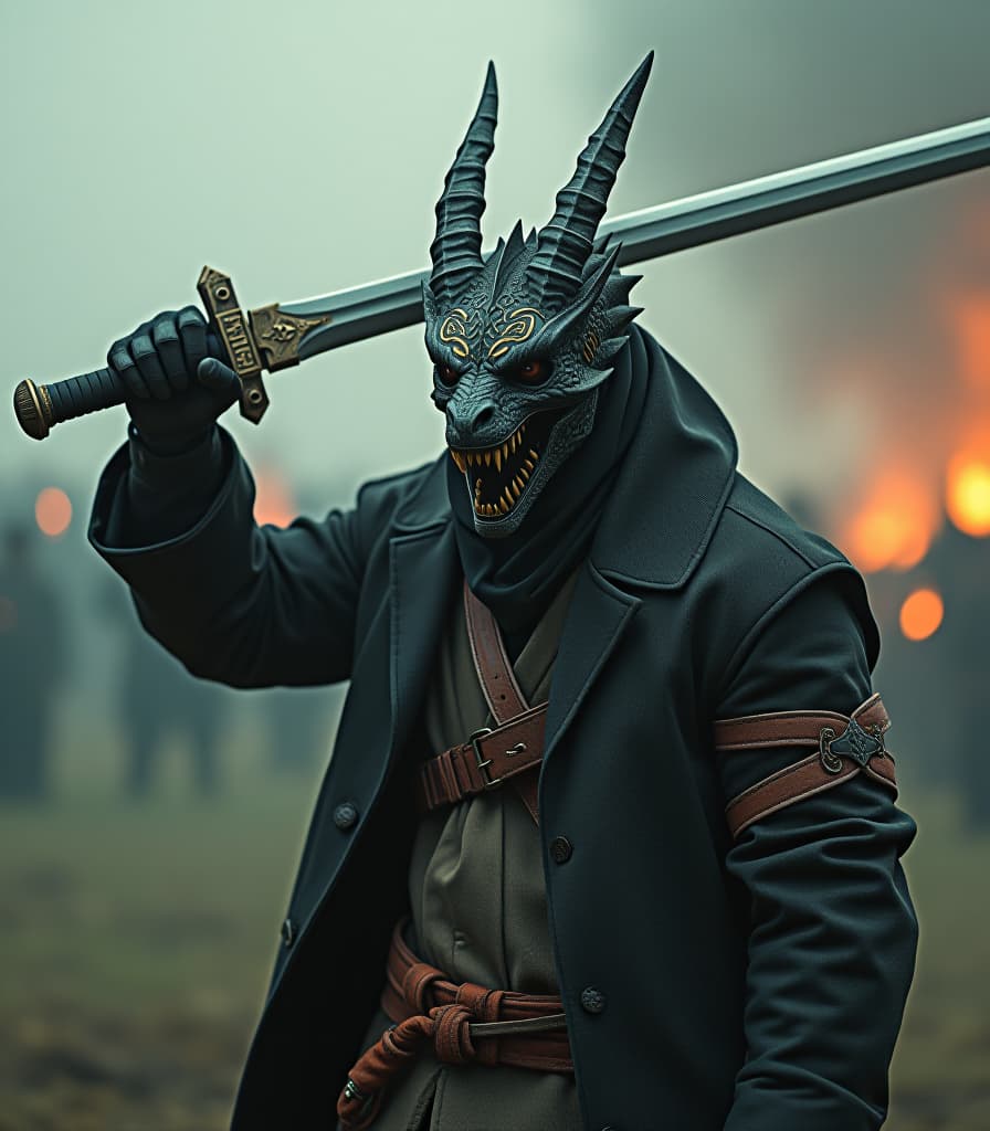  a psychic story, a mad dragonoid, dressed in latches, two hands with one masked sword, swinging over his head, a battlefield hyperrealistic, full body, detailed clothing, highly detailed, cinematic lighting, stunningly beautiful, intricate, sharp focus, f/1. 8, 85mm, (centered image composition), (professionally color graded), ((bright soft diffused light)), volumetric fog, trending on instagram, trending on tumblr, HDR 4K, 8K