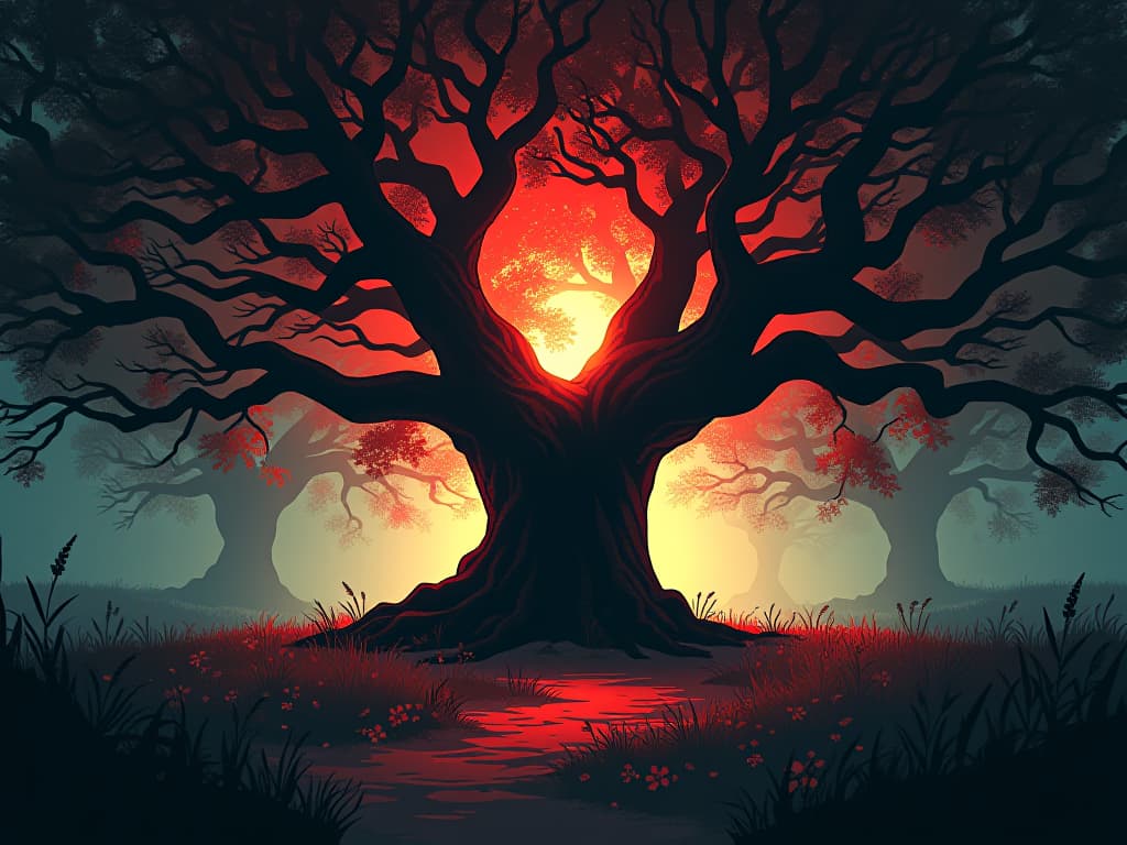  sunlit grove, old oak tree at center, gentle light filtering through leaves, sense of peace and renewal. the style is digital art illustration / modern comic book / graphic dark novel fantasy and mysterious occult, symbolic, moody lighting, esoteric vibe,high detail on character design. for the color scheme emphasize blacks and reds.