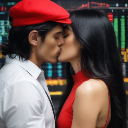 A man who carries bezel and red cap kisses a beautiful woman with long black hair, in full forex trading.