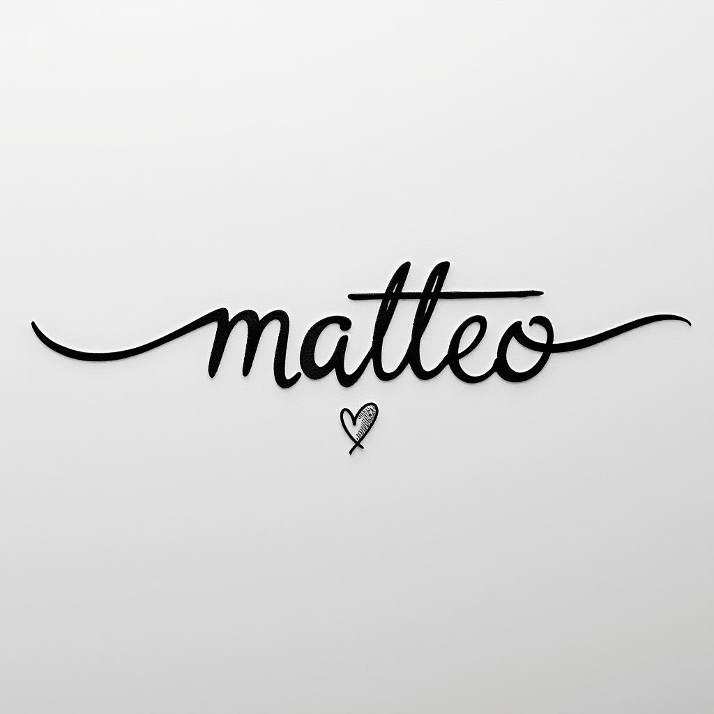  create a tattoo design, tattoo design with the name 'matteo' in a minimalist style, using thin, clean lines, with a small heart at the end of the name, on a white background, white background