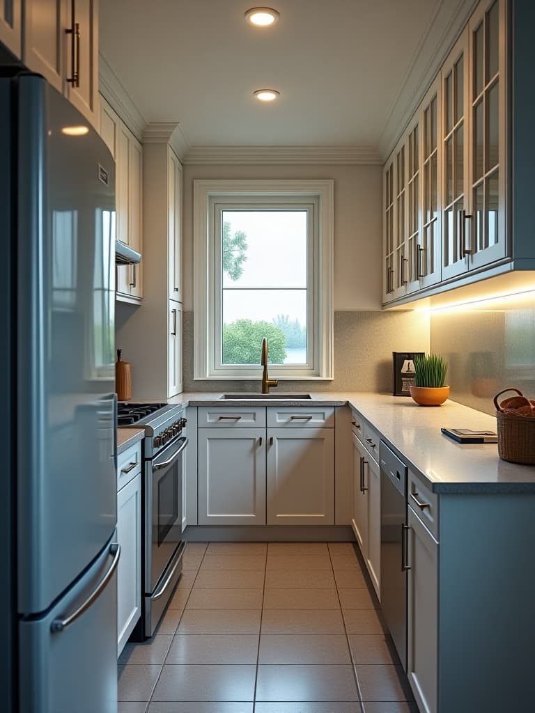  high quality portrait photo of a small galley kitchen with floor to ceiling cabinets in a soft pastel color, featuring glass fronts and interior lighting, with a mirrored backsplash to create the illusion of more space hyperrealistic, full body, detailed clothing, highly detailed, cinematic lighting, stunningly beautiful, intricate, sharp focus, f/1. 8, 85mm, (centered image composition), (professionally color graded), ((bright soft diffused light)), volumetric fog, trending on instagram, trending on tumblr, HDR 4K, 8K