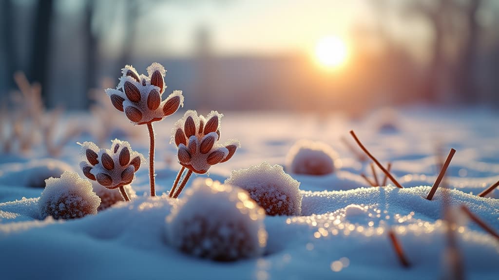  winter season outdoors landscape, frozen plants in nature on the ground covered with ice and snow, under the morning sun seasonal background for christmas wishes and greeting card