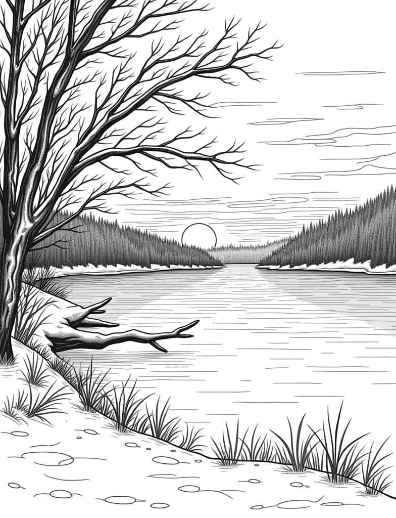  this is for an adult coloring page. a detailed black and white line art of a snowy winter sunrise over a frozen lake on a solid white background.