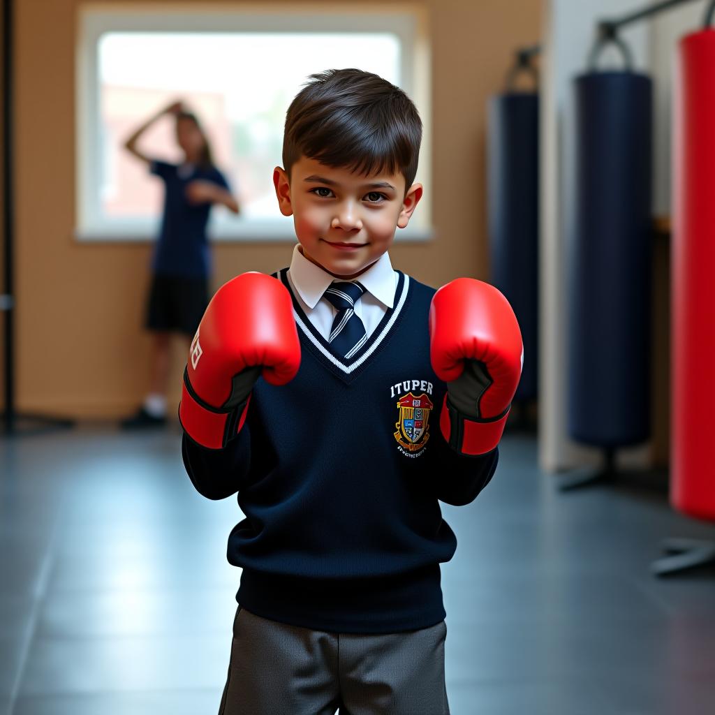  a boy in a school uniform going to boxing practice.