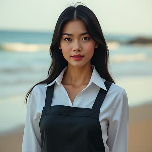  a formal, female, chinese, adult, fit body, silky black hair, mechanic profession, real estate photography, rim lighting lighting, medium shot camera angle, beach in the background hyperrealistic, full body, detailed clothing, highly detailed, cinematic lighting, stunningly beautiful, intricate, sharp focus, f/1. 8, 85mm, (centered image composition), (professionally color graded), ((bright soft diffused light)), volumetric fog, trending on instagram, trending on tumblr, HDR 4K, 8K