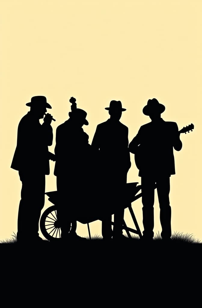  create a blues band logo: silhouette style (dark shapes against a lighter background) four male musicians, each wearing a fedora each musician plays a different instrument: harmonica electric bass electric guitar drum kit (inside a wheelbarrow) band name: "52 steps blues band" (included in design) hyperrealistic, full body, detailed clothing, highly detailed, cinematic lighting, stunningly beautiful, intricate, sharp focus, f/1. 8, 85mm, (centered image composition), (professionally color graded), ((bright soft diffused light)), volumetric fog, trending on instagram, trending on tumblr, HDR 4K, 8K