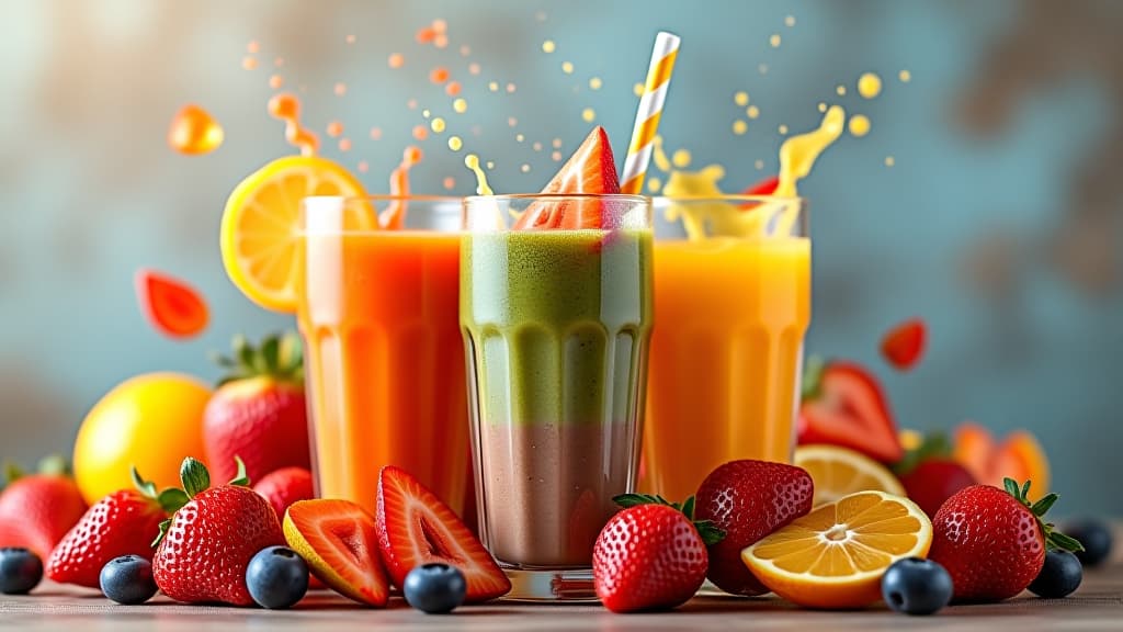  fruits with slices and juice splash in rainbow colors flying smoothie