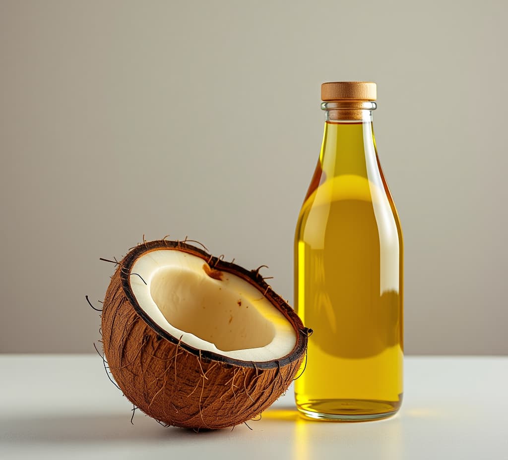  a coconut and a bottle of oil