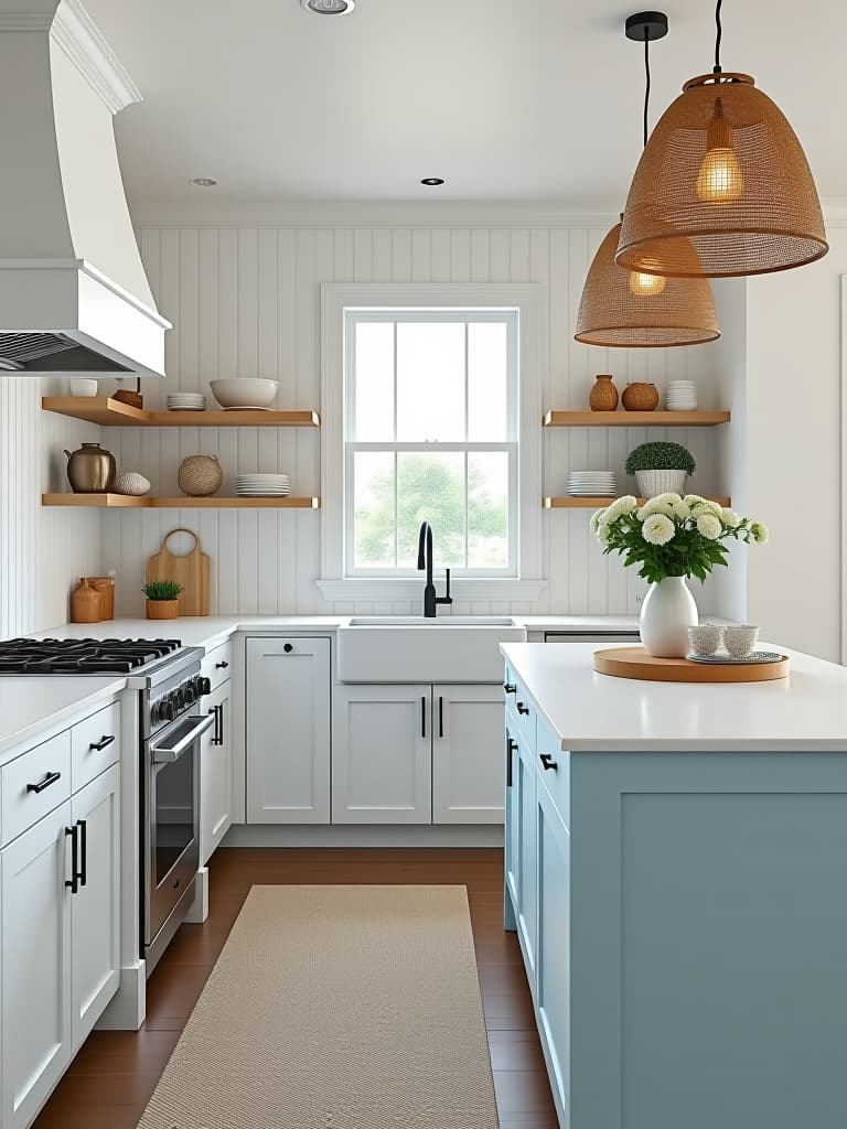  high quality portrait photo of a coastal inspired white kitchen with beadboard cabinets, open shelving, and a pale blue island, accented with woven pendant lights hyperrealistic, full body, detailed clothing, highly detailed, cinematic lighting, stunningly beautiful, intricate, sharp focus, f/1. 8, 85mm, (centered image composition), (professionally color graded), ((bright soft diffused light)), volumetric fog, trending on instagram, trending on tumblr, HDR 4K, 8K