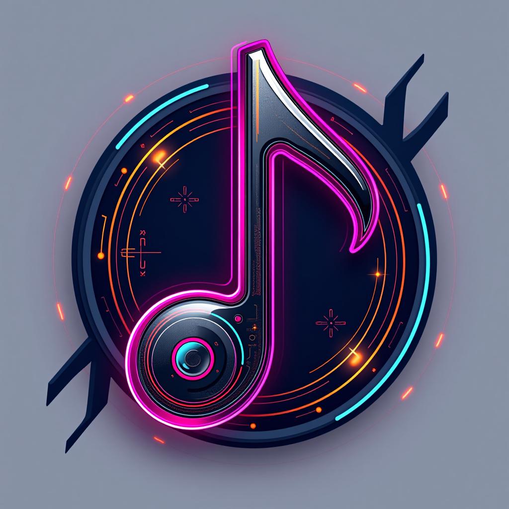  music note, (logo), advanced, high tech, sleek, sci fi, abstract, digital elements, metallic, neon colors, progressive