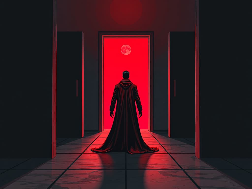  man in red outfit, surrounded by open doors, each leading to different opportunities, shadow of hesitation. the style is digital art illustration / modern comic book / graphic dark novel fantasy and mysterious occult, symbolic, moody lighting, esoteric vibe,high detail on character design. for the color scheme emphasize blacks and reds.