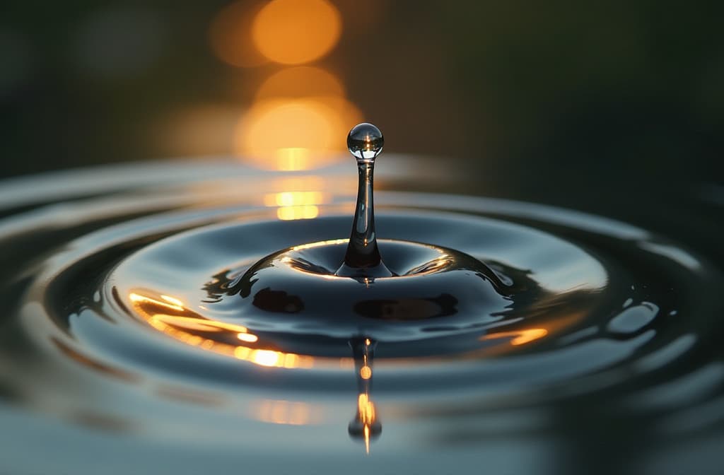  professional detailed photography, golden water drop rippling in still water ar 3:2, (muted colors, dim colors, soothing tones), (vsco:0.3)