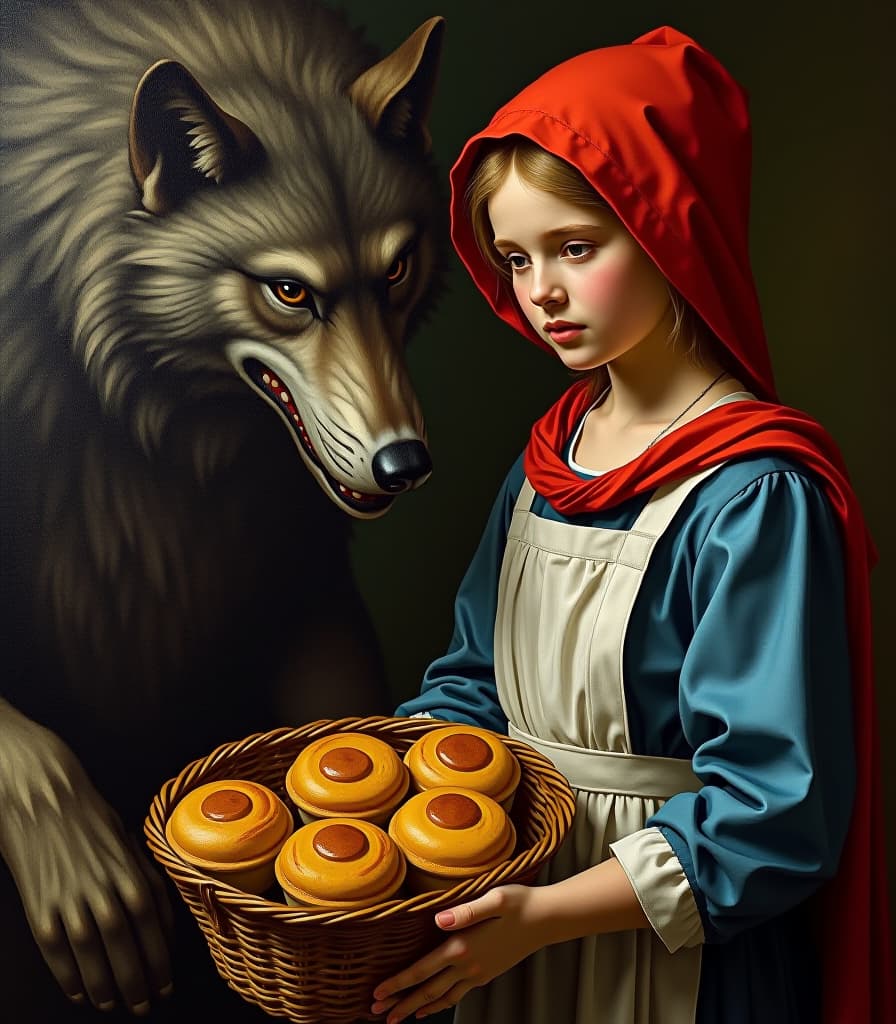  renaissance style masterpiece. (painting. the wicked wolf and the girl “little red riding hood”, a girl in a red cap, in a blue dress and a white apron, with a basket of pies, based on charles perrault's fairy tale “little red riding hood”:1.5). (intense close up:1.2). highly detailed strokes, clarity. surrealism, fantasy. dürer's style. torsion on paper. leaks, stains:1.5.) . realistic, perspective, light and shadow, religious or mythological themes, highly detailed hyperrealistic, full body, detailed clothing, highly detailed, cinematic lighting, stunningly beautiful, intricate, sharp focus, f/1. 8, 85mm, (centered image composition), (professionally color graded), ((bright soft diffused light)), volumetric fog, trending on instagram, trending on tumblr, HDR 4K, 8K