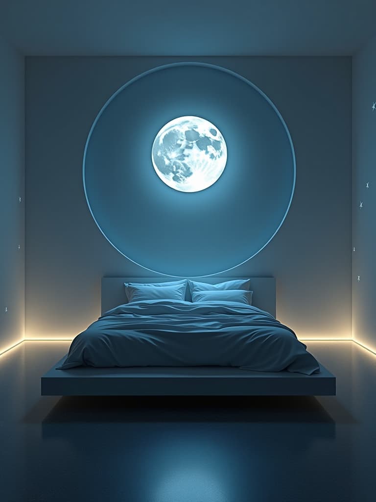  high quality portrait photo of a minimalist bedroom with a large circular window framing the moon, featuring a floating platform bed and subtle led constellations on the walls hyperrealistic, full body, detailed clothing, highly detailed, cinematic lighting, stunningly beautiful, intricate, sharp focus, f/1. 8, 85mm, (centered image composition), (professionally color graded), ((bright soft diffused light)), volumetric fog, trending on instagram, trending on tumblr, HDR 4K, 8K