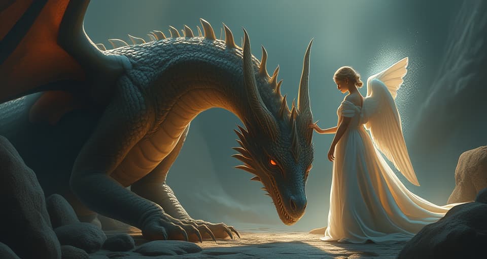  a majestic dragon, its scales reflecting a dim ethereal glow, lowered onto the ground with an expression of regret. an angel in a beautiful, flowing robe stands nearby, her hand gently on the dragon's head, both emanating an aura of remorse and weariness.. the style is digital art illustration,highly detailed, whimsical,magical, dreamlike atmosphere, realism and fantasy blend, smooth, glossy textures,luminous quality, wonder and enchantment.