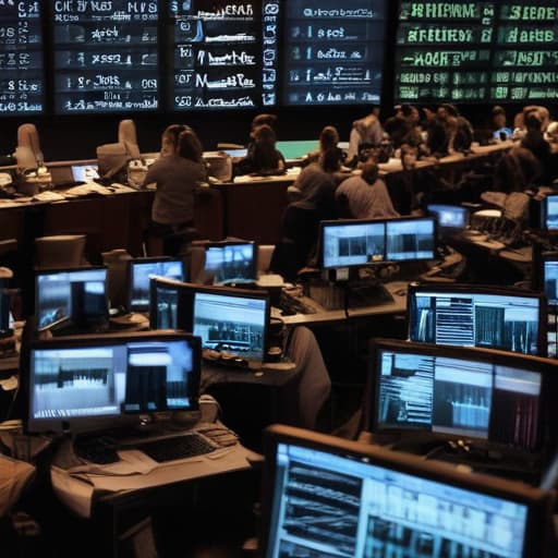 A bustling newsroom filled with flashing screens displaying stock tickers, graphs, and breaking headlines. The air is electric with the constant hum of activity as reporters rush to gather the latest information. The room is a symphony of clicking keyboards, ringing phones, and urgent conversations, all focused on uncovering the next big market mover.