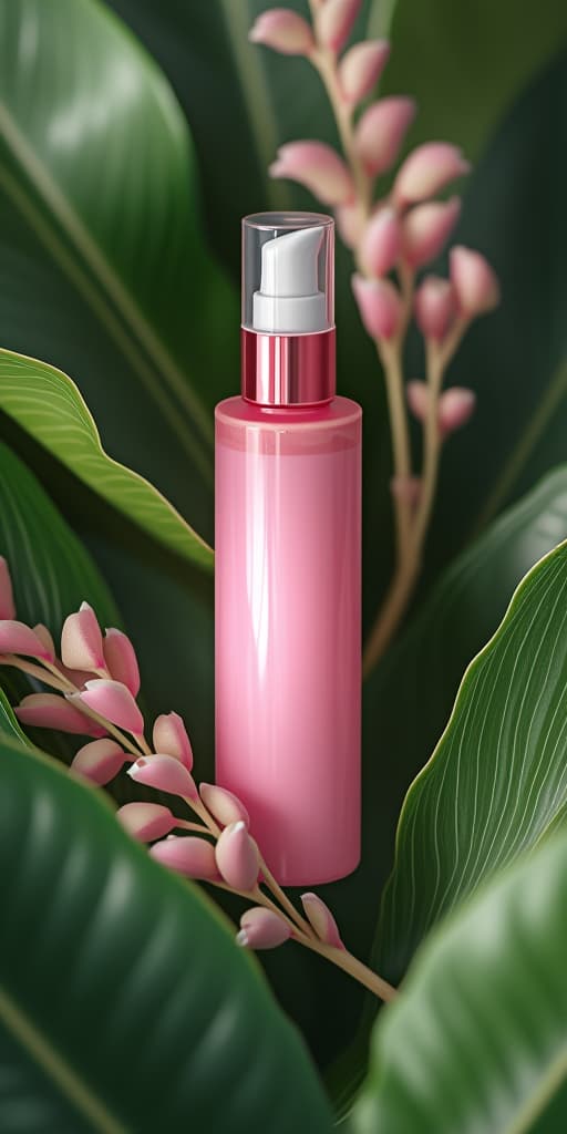  pink beauty product mockup on tropical leaves background., high quality, high details, hd, perfect composition, 4k epic detailed, highly detailed, sharp focus, high resolution