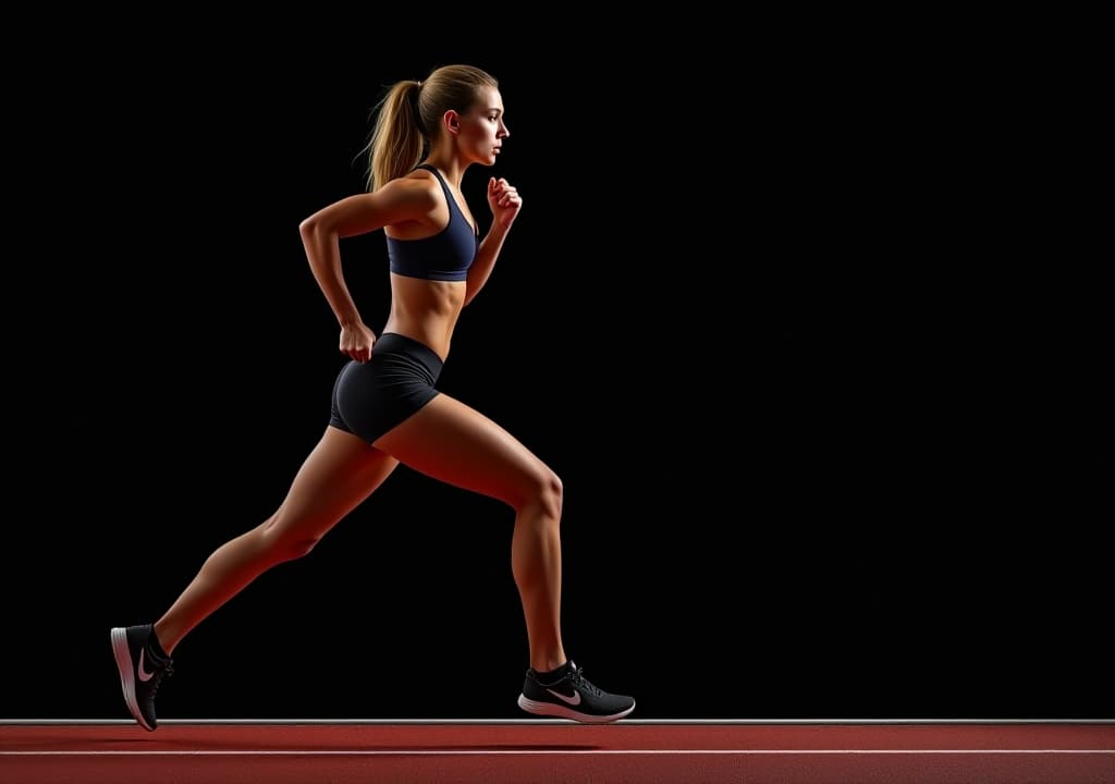  side view of young muscular woman running on black background. concept, sport, track and field athletics, competition and active lifestyle. for text ads copy space