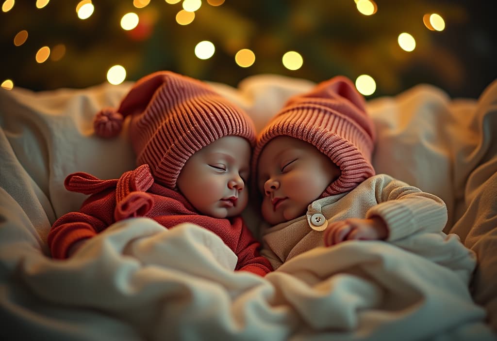  hyperrealistic art two newborn babies in a new year's suit sleep in a bed under a new day's tree. light pictures. . extremely high resolution details, photographic, realism pushed to extreme, fine texture, incredibly lifelike hyperrealistic, full body, detailed clothing, highly detailed, cinematic lighting, stunningly beautiful, intricate, sharp focus, f/1. 8, 85mm, (centered image composition), (professionally color graded), ((bright soft diffused light)), volumetric fog, trending on instagram, trending on tumblr, HDR 4K, 8K