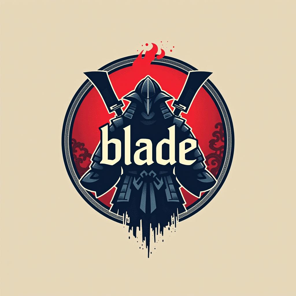  design a logo, emblem logo, with the written text ‘blade’, samurai theme, red and blue.