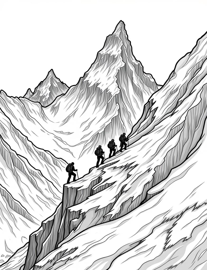  this is for an adult coloring page. a detailed black and white line art of a snowy snowy mountain range with a group of mountaineers climbing on a solid white background.