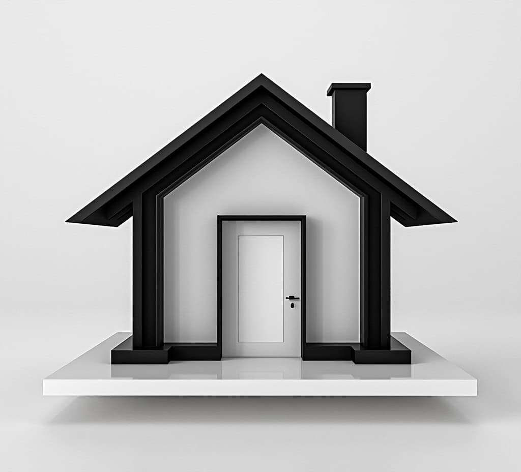  minimalistic icon of a house with a simple roof and door, smooth lines, black and white, high resolution, centered design., high quality, high details, hd, perfect composition, 4k epic detailed, highly detailed, sharp focus, high resolution