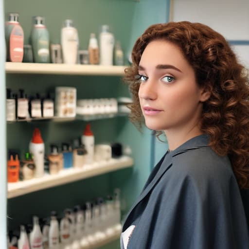 An image of a surprised young woman with curly and straight hair, wearing a salon cape, looking at the camera in a hair salon, discovering the transformation of her hair through washing and applying a hair mask. In the background, bottles of shampoo and hair mask products are clearly visible on a shelf, with a label reading "(((Omsorg fra rot til tupp)))". The lighting is soft and flattering, detailed, realistic.