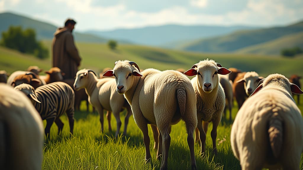  biblical times, jacob's salary: a vivid scene depicting striped and spotted sheep grazing in a lush pasture, under a bright sky, showcasing various patterns on the sheep's wool. the background includes rolling hills and trees, with jacob tending to his flock, highlighting the unique beauty of these animals. hyperrealistic, full body, detailed clothing, highly detailed, cinematic lighting, stunningly beautiful, intricate, sharp focus, f/1. 8, 85mm, (centered image composition), (professionally color graded), ((bright soft diffused light)), volumetric fog, trending on instagram, trending on tumblr, HDR 4K, 8K