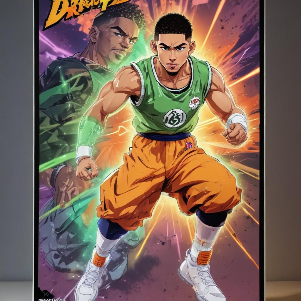 distance-shot, flashy, full-body, dynamic, holographic, animated cartoon poster of jayson tatum in the style of dragon ball super