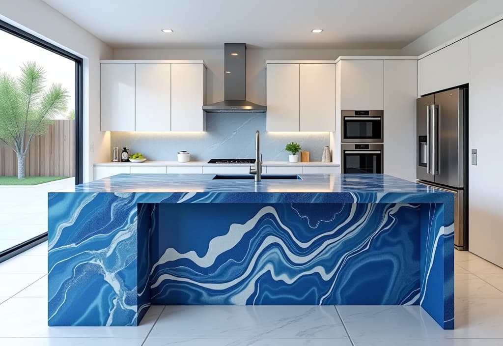  a landscape photo of a sleek, modern kitchen with a large island featuring a striking quartz countertop in swirling blue and white patterns, contrasting with minimalist white cabinets and stainless steel appliances hyperrealistic, full body, detailed clothing, highly detailed, cinematic lighting, stunningly beautiful, intricate, sharp focus, f/1. 8, 85mm, (centered image composition), (professionally color graded), ((bright soft diffused light)), volumetric fog, trending on instagram, trending on tumblr, HDR 4K, 8K