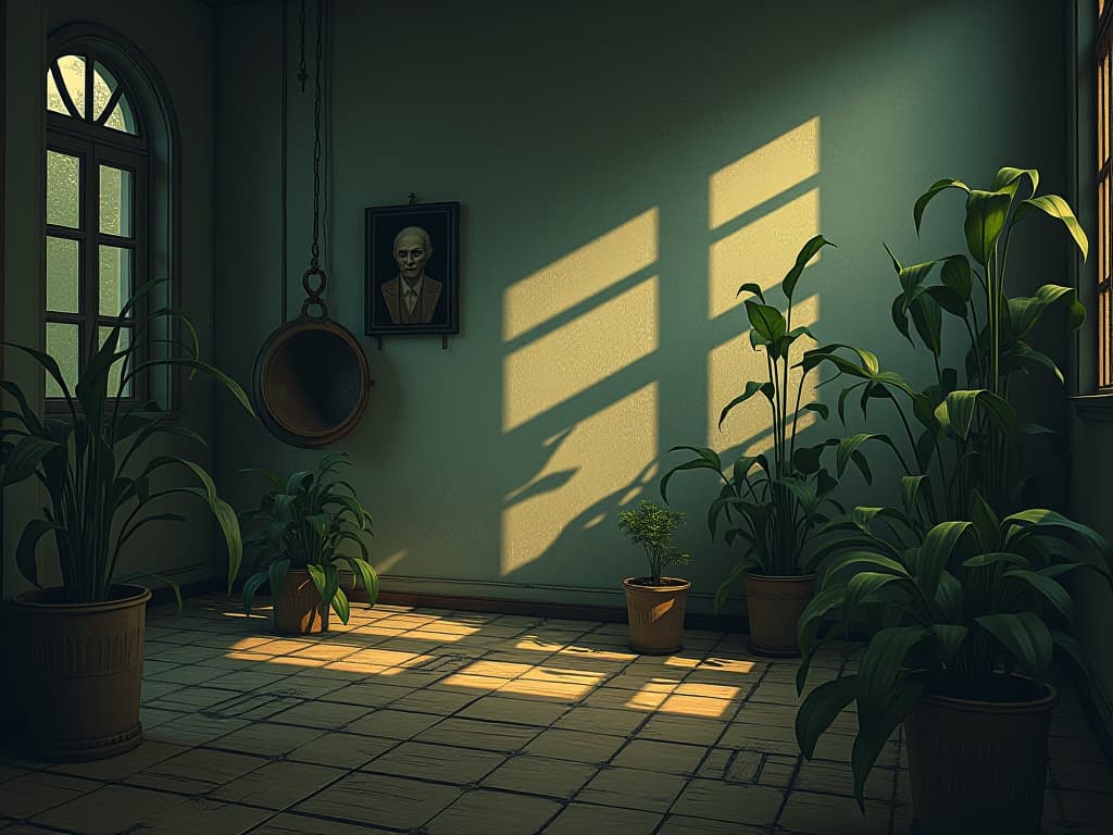  shadows cast by artificial plants, room appearing dull and heavy, an atmosphere of desolation. an illustration in the style of a worn, mystical old tarot trump card, mysterious and elements of surrealism. the colors are muted, somber and eerie, but with contrast bring out an occult and esoteric vibe.