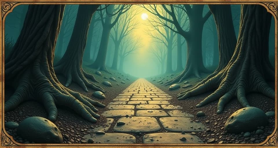  a pathway being cleared of debris by unseen hands, illuminated by a soft, guiding light, forward movement, divine intervention, clear direction. an illustration in the style of a worn, mystical old tarot trump card, mysterious and elements of surrealism. the colors are muted, somber and eerie, but with contrast bring out an occult and esoteric vibe.