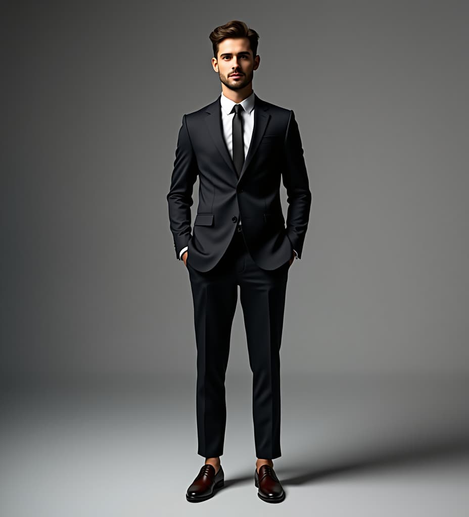  studio shoot of a male model in a suit, full body including legs facing camera and shoes, photorealistic, realism light, 300 ppi