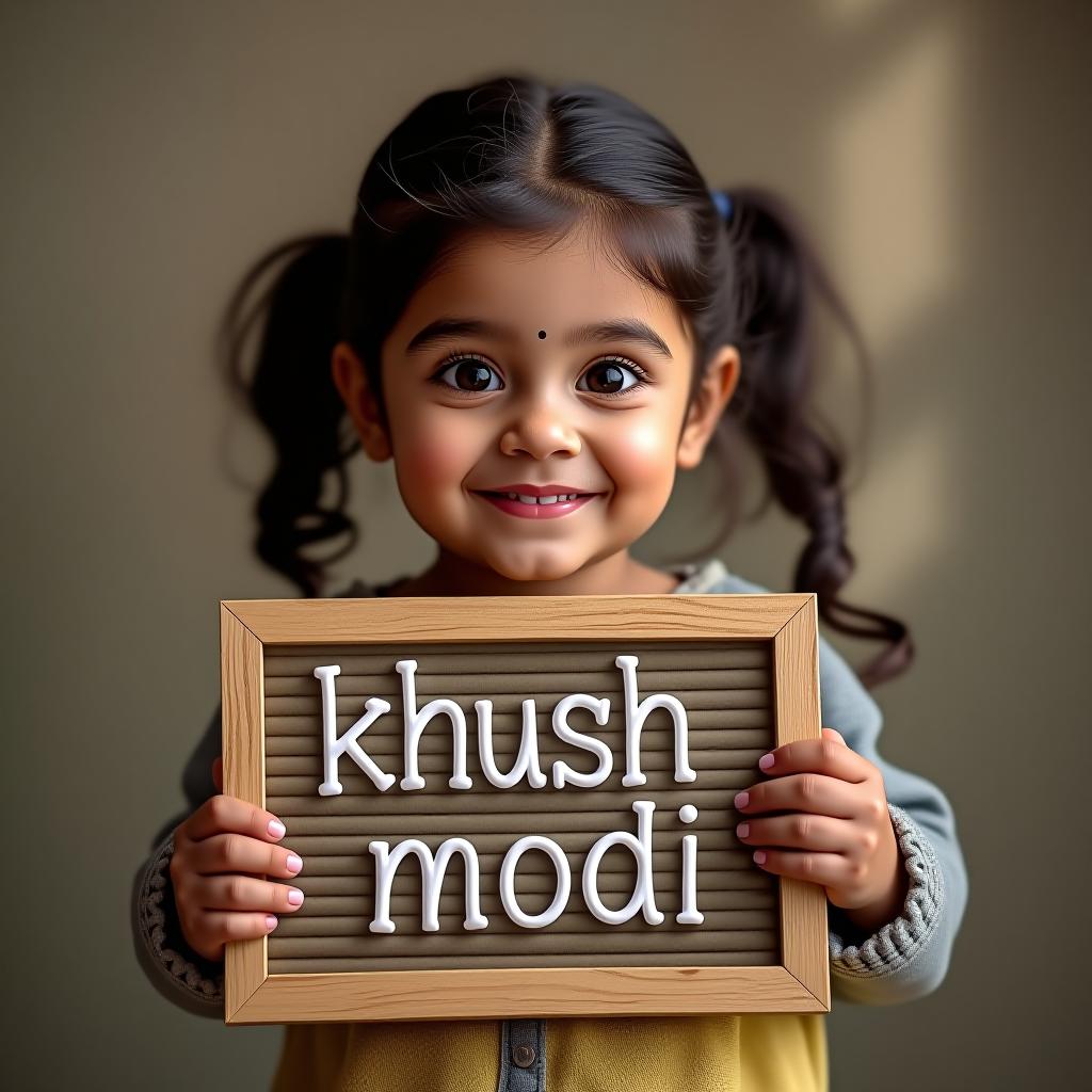  a cute tiny indian girl smiling with holding board written text "khushi modi"