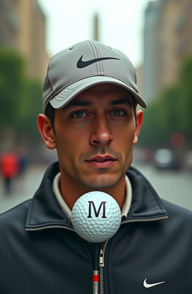  genera una imagen realista de una pelota de golf, con una m impresa en ella, en medio de la calle corrientes de la ciudad de buenos aires. que se vea el obelisco a lo lejos., realistic, portrait, art by donato giancola and greg rutkowski, realistic face, digital art, trending on artstation hyperrealistic, full body, detailed clothing, highly detailed, cinematic lighting, stunningly beautiful, intricate, sharp focus, f/1. 8, 85mm, (centered image composition), (professionally color graded), ((bright soft diffused light)), volumetric fog, trending on instagram, trending on tumblr, HDR 4K, 8K