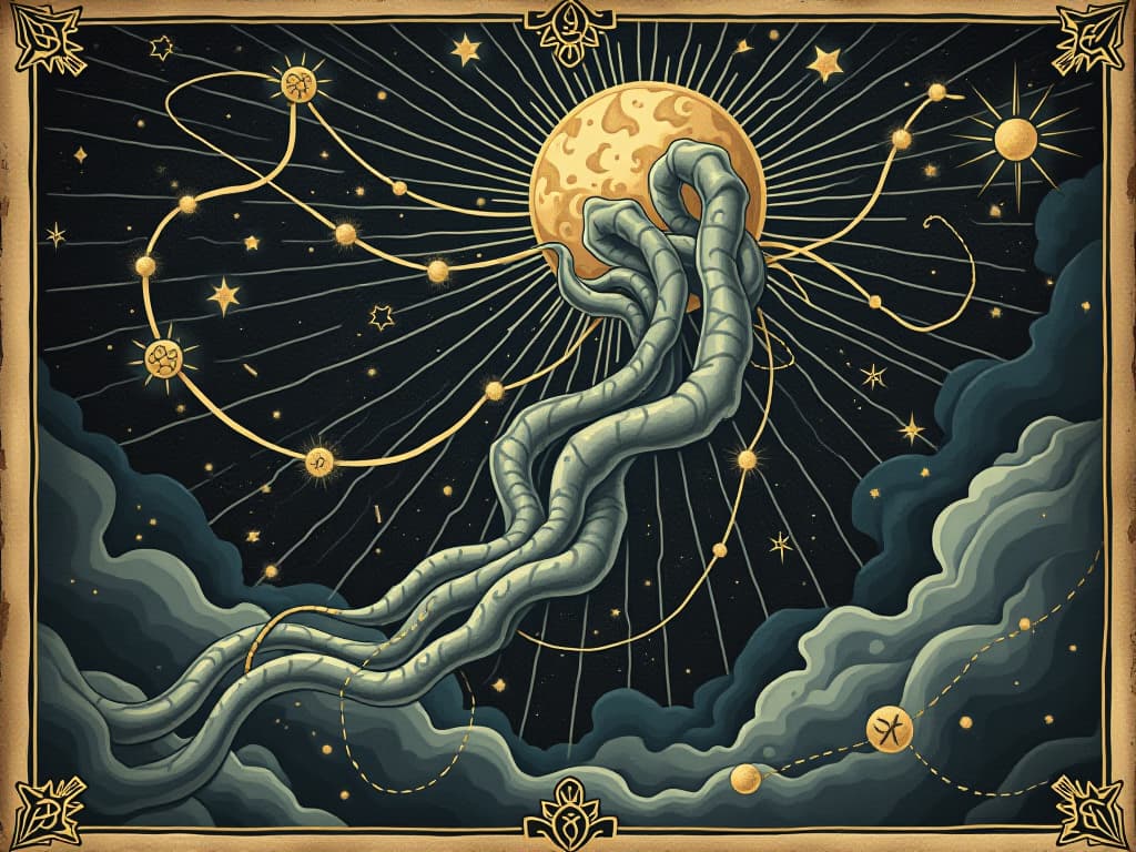  cosmic symbols and constellations interwoven with tendrils of smoke and light, creating intricate patterns that form a celestial tapestry, detailed and awe inspiring, blending with the night sky, mystical and expansive. an illustration in the style of a worn, mystical old tarot trump card, mysterious and elements of surrealism. the colors are muted, somber and eerie, but with contrast bring out an occult and esoteric vibe.