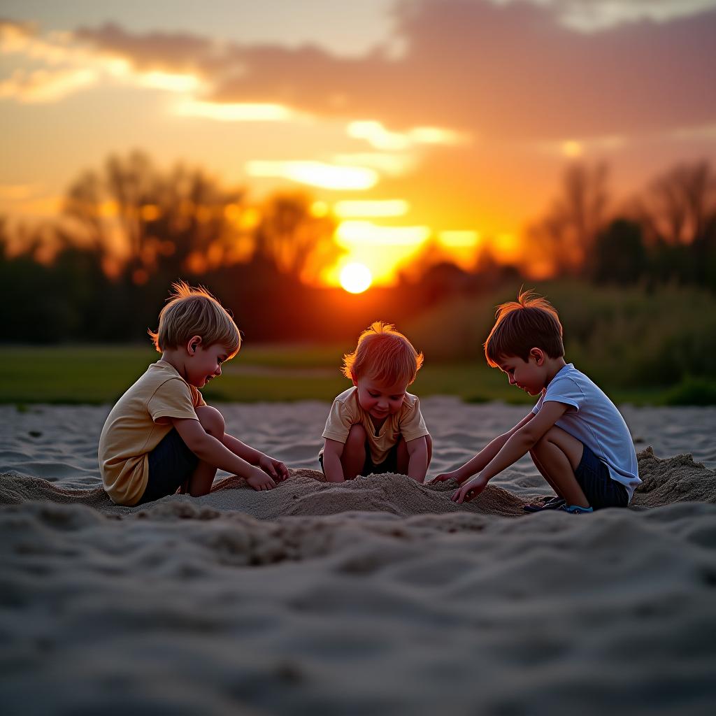  the kids are playing in the sandbox against the backdrop of the sunset.