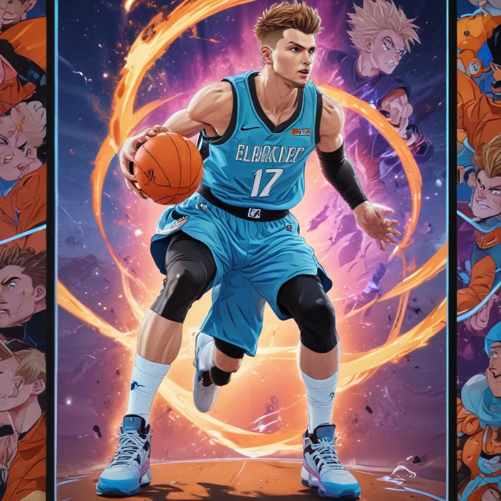 distance-shot, flashy, full-body, dynamic, holographic, animated cartoon poster of luka doncic in the style of dragon ball super