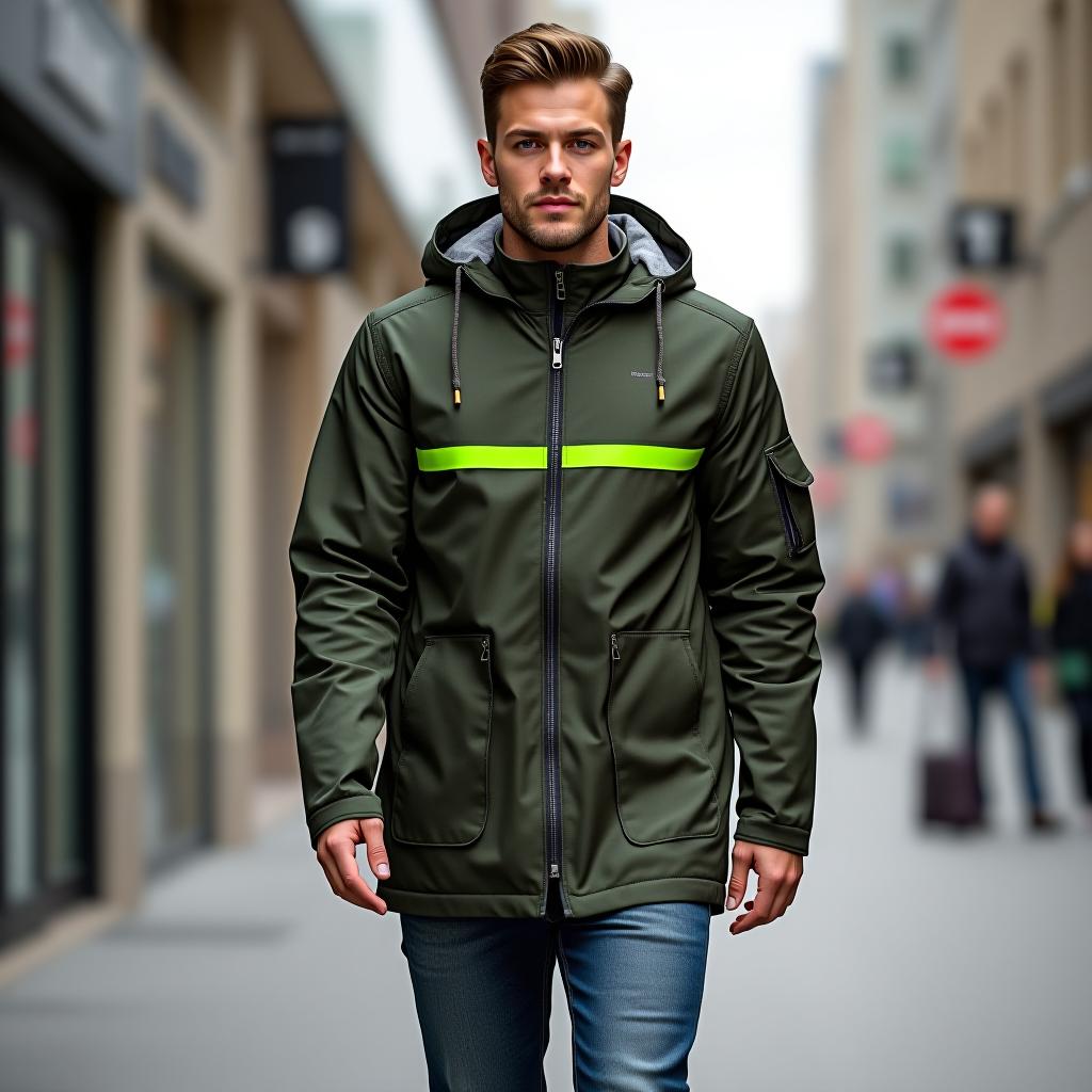  create a highly detailed, full body image of a man standing confidently in an outdoor urban setting, wearing a casual, slim fit parka. the parka should have long sleeves, a straight hem, smooth lightweight nylon fabric with striped patterns in dark olive green (rgb(68,88,65)) and neon green (rgb(203,242,7)). the parka must feature a stand collar, a zipper closure, a patch logo, thumb holes, elbow patches, drawstrings, adjustable cuffs, and a removable lining. the man should be posed mid step, as if walking, with a relaxed demeanor.