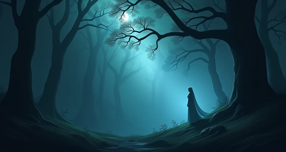  a dark, enchanted forest with towering trees and an ethereal being standing at the edge. the forest shrouded in ominous light, ethereal being representing inevitable destiny.. the style is digital art illustration,highly detailed, whimsical,magical, dreamlike atmosphere, realism and fantasy blend, smooth, glossy textures,luminous quality, wonder and enchantment.