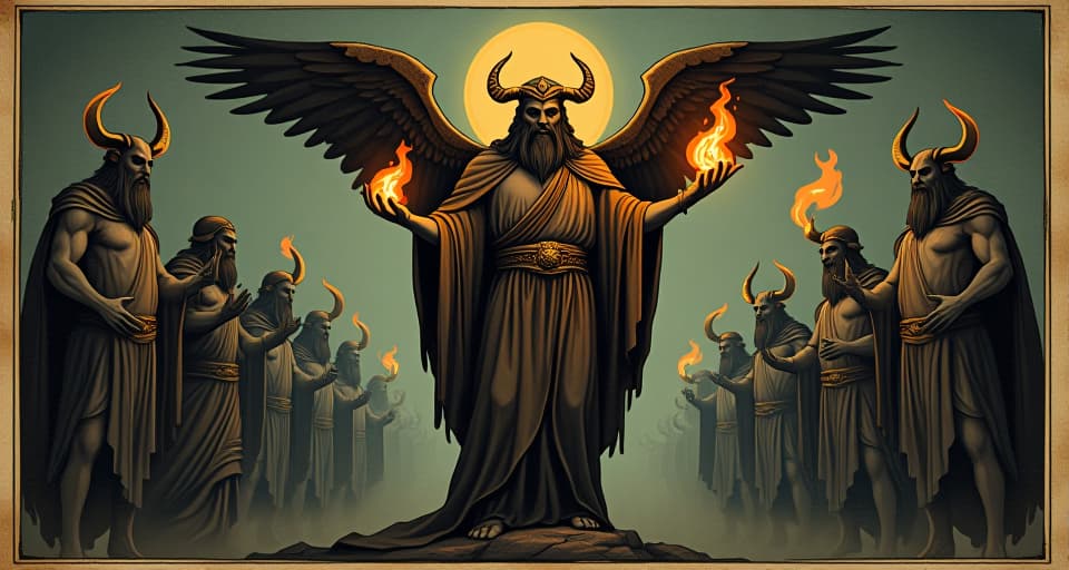  prometheus like figure with fire in hand, standing against a backdrop of disapproving gods, defiance, bringing knowledge, courage. an illustration in the style of a worn, mystical old tarot trump card, mysterious and elements of surrealism. the colors are muted, somber and eerie, but with contrast bring out an occult and esoteric vibe.