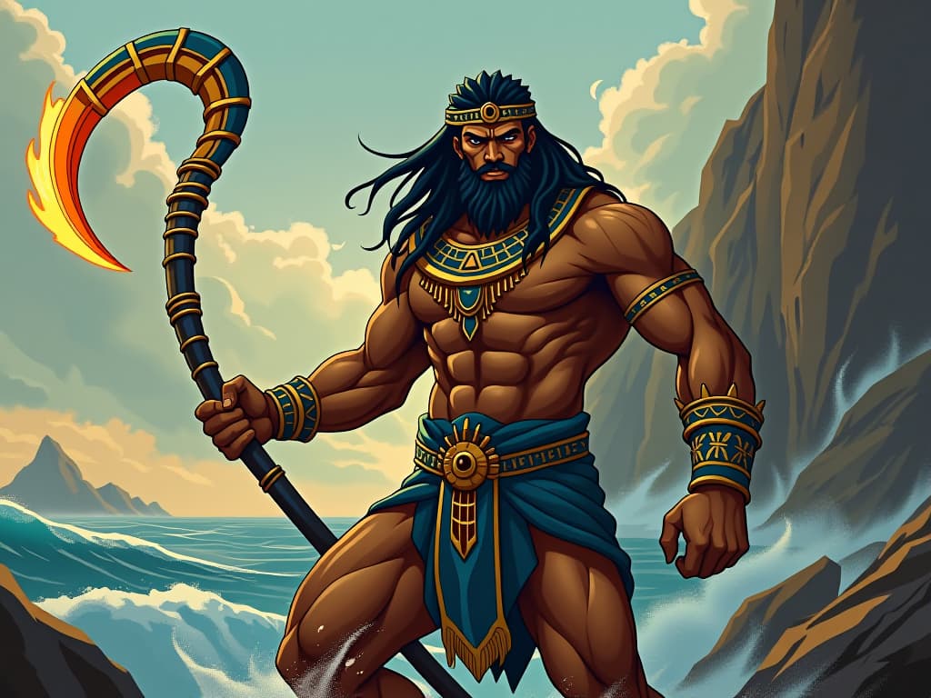  demigod maui, depicted with a muscular build, holding a magical fishhook, surrounded by an aura of strength and cunning, backdropped by a rugged coastline, an atmosphere of legendary prowess. the style is digital art illustration / modern comic book / mysterious occult, symbolic, esoteric vibe,high detail on character design, incorporating ancient egyptian symbology and attire.