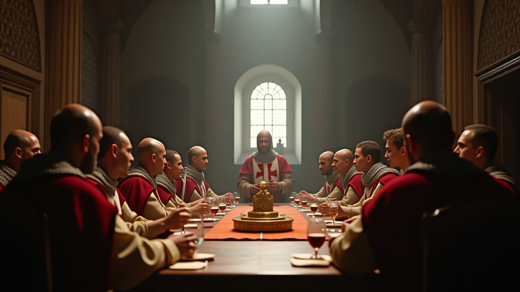  images about historical curiosities, a historic representation of the council of troyes in 1129, where the rules of the templar lifestyle are being established, showcasing the solemn atmosphere. hyperrealistic, full body, detailed clothing, highly detailed, cinematic lighting, stunningly beautiful, intricate, sharp focus, f/1. 8, 85mm, (centered image composition), (professionally color graded), ((bright soft diffused light)), volumetric fog, trending on instagram, trending on tumblr, HDR 4K, 8K