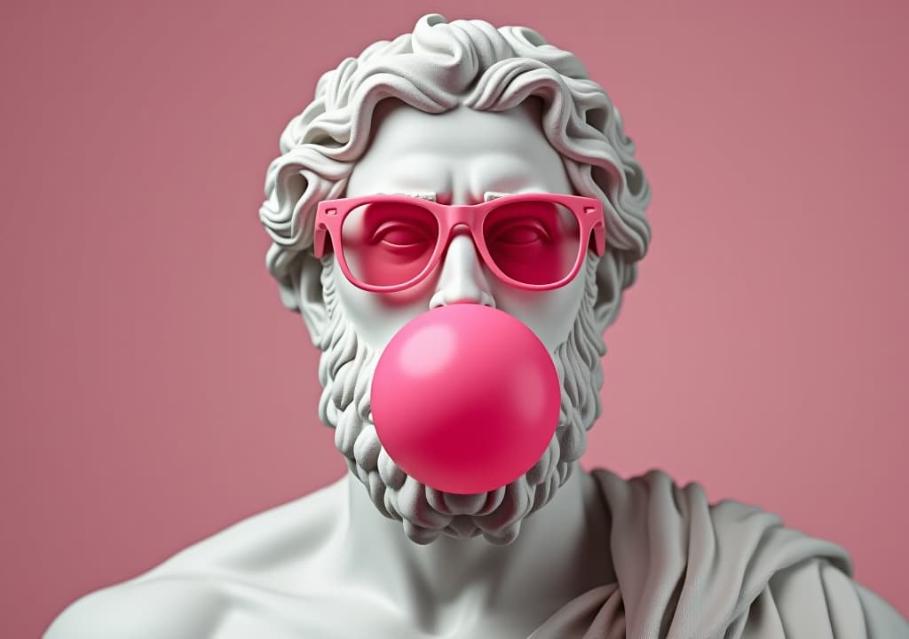  greek sculpture of zeus wearing pink glasses with an inflated pink bubble gum bubble.